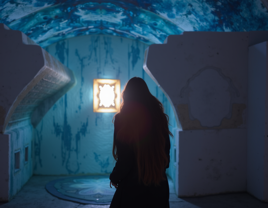 A mysterious figure with long hair, wearing a cloak, walks away from POV into a dimly lit room with blue walls and curved grey metal structures suggesting the bulkheads of a space ship, towards a glowing rectangle on the far wall. Moody lighting enhances the enigmatic and quiet setting.