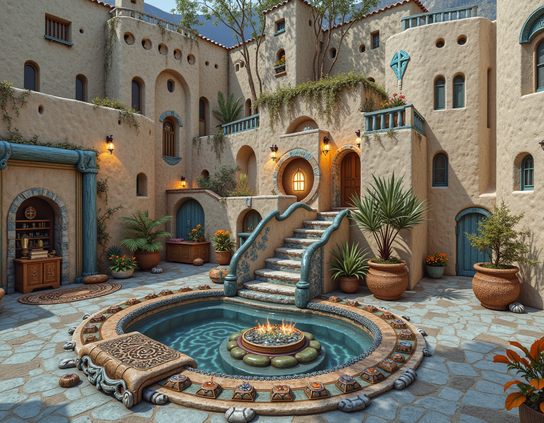 Mediterranean-style courtyard with a central pond containing a fire pit lit with magical flames, terracotta accents, and turquoise doors, surrounded by stone flooring, lush plants, and rustic architecture.