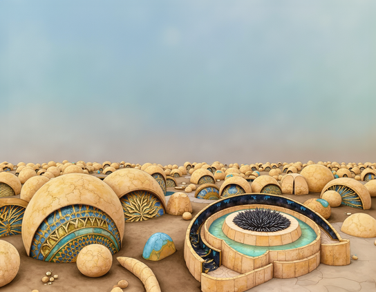 Desert landscape crowded with dome structures built from fitted stones, with half circle doors decorated with intricate mosaic designs,forming a clustered, surreal fantasy settlement with a wide open horizon.