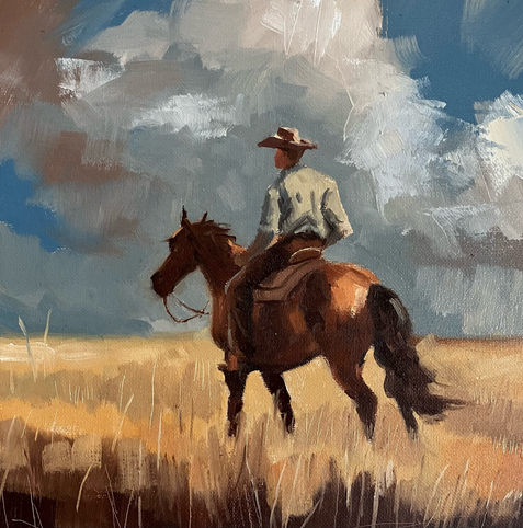 A somber oil painting of a cowboy on horse back staring at a distant storm cloud.