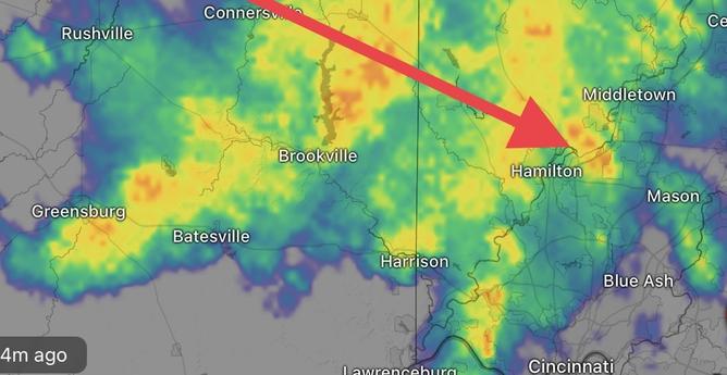 Weather radar shows a deep bank of moderate to heavy rain moving over Mason, Ohio from the WNW