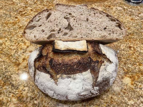 Photo of boule cut in half showing crumb structure as well as the crust