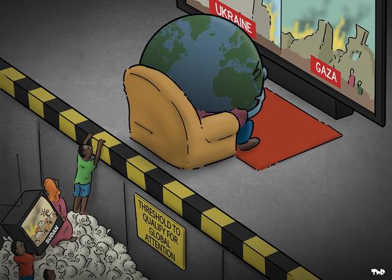 Cartoon with the world on a char watching a big screen TV that is showing the wars in Gaza and Ukraine. Behind the world is a sheer vertical wall that drops down from the floor, with black and yellow stripes to mark the edge. A sign on the wall reads 'Threshold to qualify for global attention'. People are climbing on a pile of skulls carrying a TV that shows the war in Sudan, trying to reach over the wall.