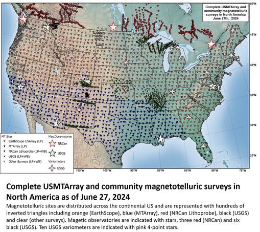 map - Complete USMTArray and community magnetotelluric surveys in North America as of June 27, 2024. Magnetotelluric sites are distributed across the continental US and are represented with hundreds of inverted triangles including orange (EarthScope), blue (MTArray), red (NRCan Lithoprobe), black (USGS) and clear (other surveys). Magetic observatories are indicated with stars, three red (NRCan) and six black (USGS). Ten USGS variometers are indicated with pink 4-point stars.