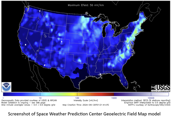 screenshot - NOAA space weather prediction center geoelectric field map model