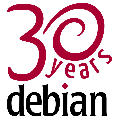"30 years" of Debian Linux. Red text on a black background. The zero in the '30' is stylized in the whorl, similar to their actual logo.