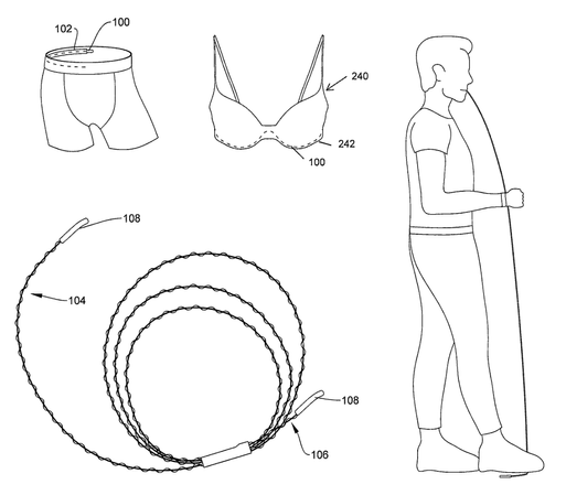 Patent drawings including a person sawing through handcuffs by holding the blade with his mouth and feet.