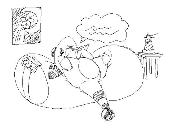 An MS Paint drawing of an ampharos, reclined on a large beanbag, reading a book.