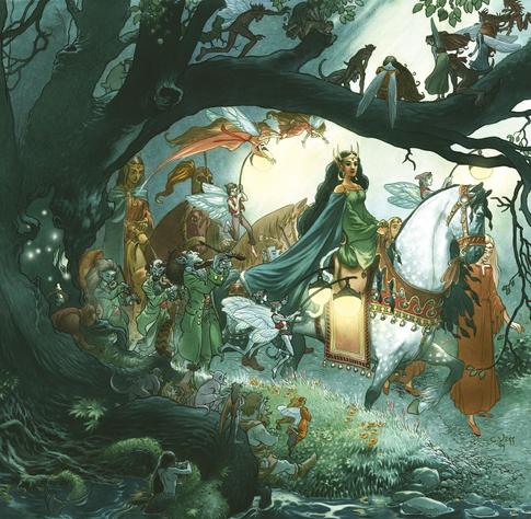 The Fairy Queen in a procession of fairies. Image by Charles Vess.