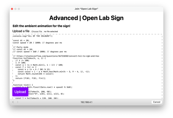 A screenshot of a captive popup browser with a monospace textarea containing unstyled JavaScript and a big purple upload button