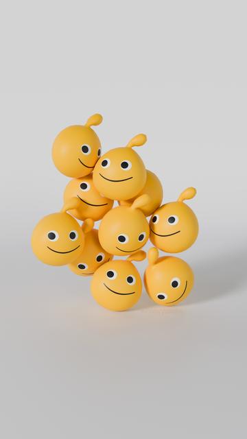 3D render of several small smiling Loco Roco clumped together