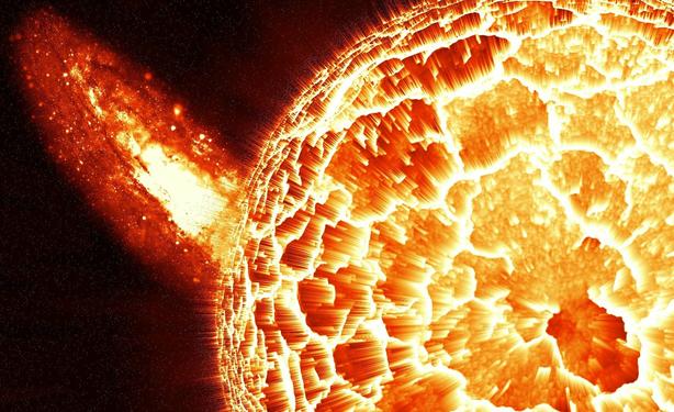 Image is a graphic artist"s rendering of the flaming hot sun. The surface adorned with a blending array of colors graduating from red, to orange, and yellow. The glowing colors are separated by a network of "cracks", making the sun look like a planet, covered in white hot rivers of molten Lava.  From the left side of the sun, a massive explosion of solar activity blasts into the pitch black backdrop of space.

Image courtesy of AstroGraphics_Visuals: https://pixabay.com/users/astrographix_visuals-2249158/