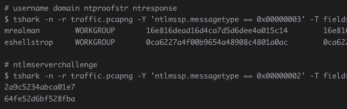 extraction of challenge/response parameters from the pcap with tshark