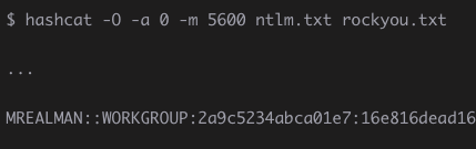 cracking password with hashcat, example of dictionary attack against NetNTLMv2