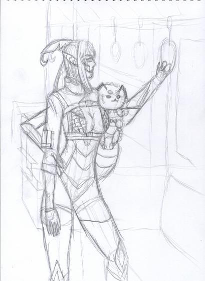 JuniperActias in the tactical gear holding baby mode on a bus. graphite drawing.