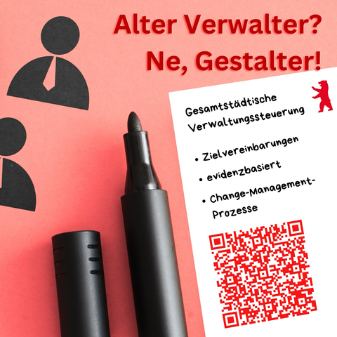 Stift mit Text zur gesamtstädtischen Verwaltungssteuerung und QR-Code zur Stellenbeschreibung