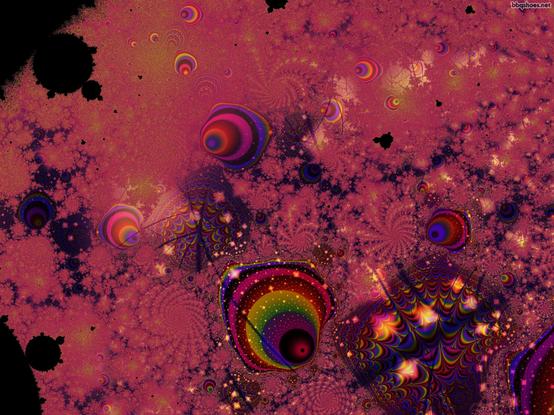 Night sky fractals in faded red on black with rainbow bubbles, against inverted mandelbrot space
