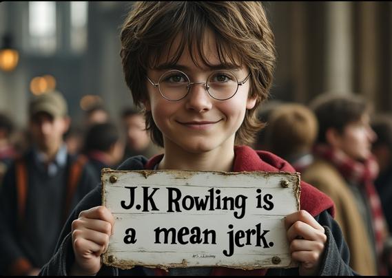 An image of Harry Potter holding a sign that says JK Rowling is a mean jerk. This abomination was conjured in mere moments by the v2 of the AI now available in the hellscape still known as twitter.