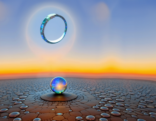 Surreal landscape with a floating iridescent ring, glowing orb, and cracked ground, illuminated by radiant colors at sunrise in a sci-fi setting.