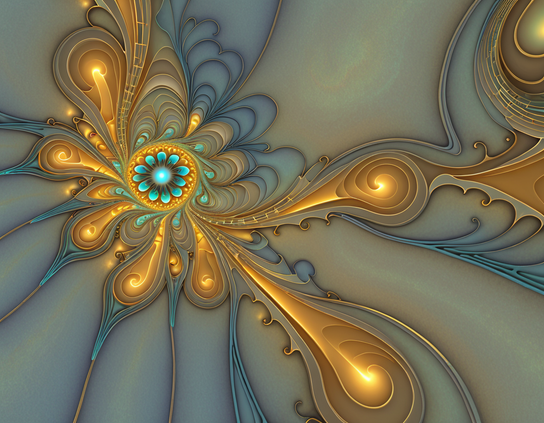 Intricate fractal flower with swirling golden spirals and glowing teal accents in a fluid, luminous, and symmetrical design rising out of a neutral background.