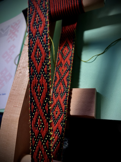A woven band with black background and red triangles and diamond shapes on an inkle loom. The image shows front and back of the pattern which is like positive and negative of an image