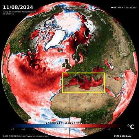 Picture earth globe, mostly northern hemisphere: Daily sea surface temperature anomalies OISST V2.1 0.25°x0.25°, 1971-2000 base

Mediterranean sea dark red, Northern seas red to dark red for high temperatures, just some narrow blue lines at some edges around Greenland for low temperatures. 

This is the highest temperature observed in this dataset which goes back to 1982. It is extremely likely that this record represents the highest temperature for the basin average over a much longer time scale.
It is not just the Mediterranean... Just take a look at the rest of the oceans around the Northern Hemisphere.
The colours represent sea surface temperature anomaly (red means warmer than average and blue means cooler than average). The average is calculated over a 30 year period from 1971-2000 for the date shown. The information displayed here from OISST incorporates data from satellite, ships, buoys and argo floats.
(Data source: https://www.ncel.noaa.gov)