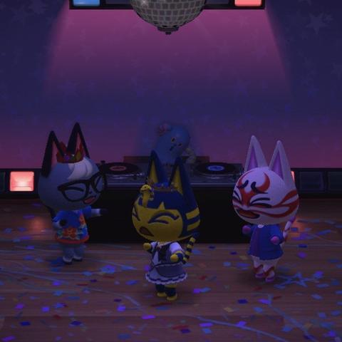 Animal Crossing: New Horizons screenshot. Image of a dance club with Ankha, Kabuki, and Raymond dancing with a gyroid behind a DJ table.