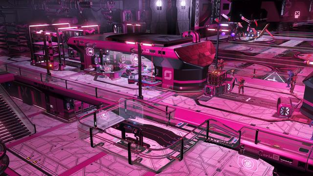 A space station in No Mans Sky. Various levels of walkways with stairs between them, and some shop counters. To the rear, spaceship landing pads.

Everything is pink. Like, really pink. Multiple pink shades alongside each other, from pastel to eye-searing neon.