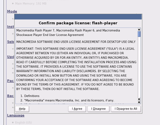 A popup showing the software license for Macromedia Flash Player, an obsolete web plugin for playing interactive content.