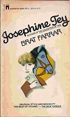 Cover of Josephine Tey's Brat Farrar. Stylized image of man holding a fistful of money with a bridled horse behind him
