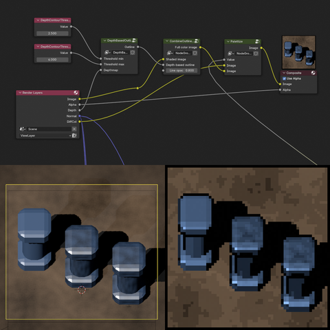 Views of a pixel art shader setup in Blender. Some 3D models of pillars are used as input. A node-based setup converts the render output to pixel art. The output is an image that has pixel art shading and outlines, although with some artifacts.