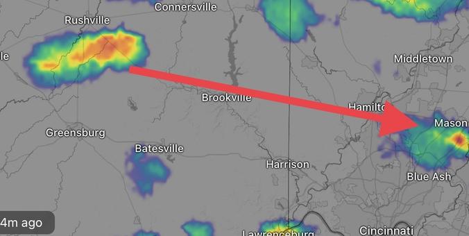 Weather radar shows a thunderstorm passing over Mason, Ohio, with a few others in the area and one approaching about 90 minutes away from the WNW