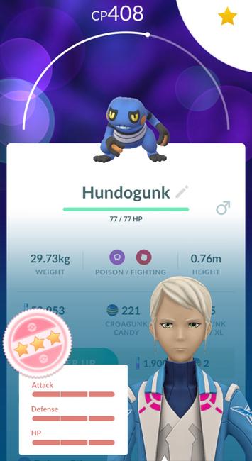 Image depicts a Pokémon game screen showcasing a Croagunk named "Hundogunk." It displays its CP of 408, weight of 29.73 kg, height of 0.76 m, and HP of 77. I like turtles.