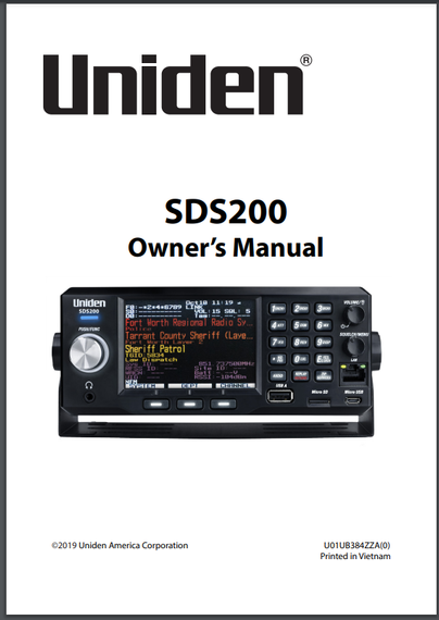 Front page of a user manual for a Uniden SDS200 radio scanner