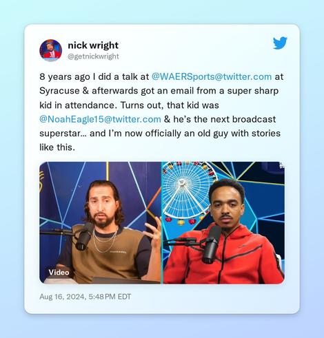 8 years ago I did a talk at @WAERSports at Syracuse &amp; afterwards got an email from a super sharp kid in attendance.  Turns out, that kid was @NoahEagle15 &amp; he’s the next broadcast superstar… and I’m now officially an old guy with stories like this. https://t.co/SyGDeS4dE6
