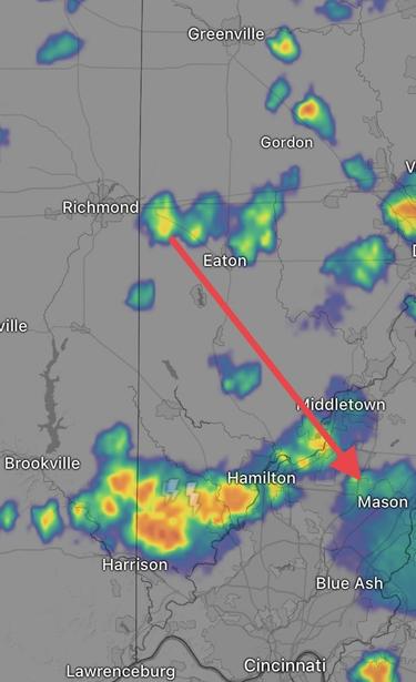 Weather radar shows a shower passing over Mason, Ohio, with more scattered thunder showers approaching from the northwest