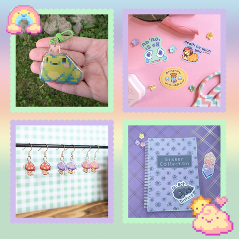 Four images of Pixel Moon pixel art merch. Top left is a pixel art frog acrylic keychain, top right is 3 pixel are stickers. First sticker is a funny crying face that says "no no is ok", second is an orange cat wearing a strawberry hat looking miserable and says "death be upon you", and last is a bear drinking bubble tea saying "no money, no problems!".  Bottom left image is pixel mushroom earrings with eyes, in red, purple and pink, and bottom right is a purple reusable sticker book with pixel eyes that says "Sticker Collection".