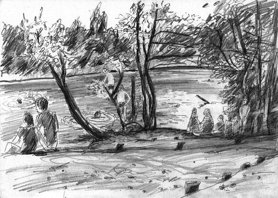 People swimming, people resting near a forest lake.