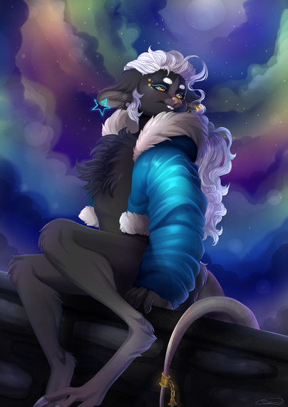 An illustration of an antropomorphic mouse. She is sitting on a wall with a cloudy night background. The sky is pretty multicolored.

She got a long white hair and a shiny jacket
She also got big earrings and blue makeup