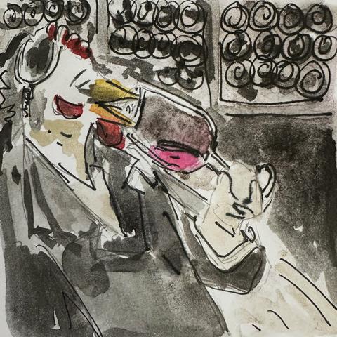 Dapper rooster holding a glass of pinot noir.