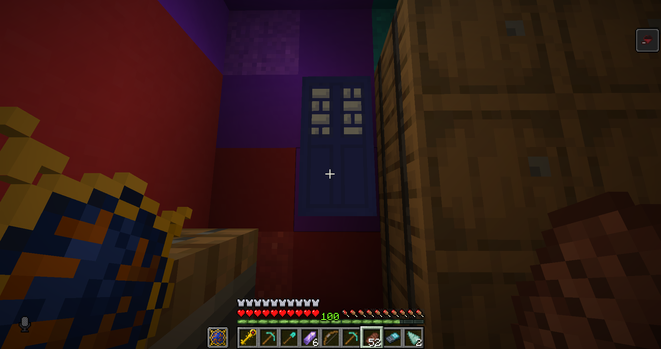 Screenshot of Minecraft showing a banner with blue box, presumably a reference to Doctor Who. Screenshot taken in the restroom of underground queer club.