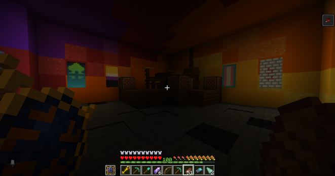 A screenshot of Minecraft. At the center in the dark on the stage there are various musical instruments. On the sides there are a couple of banners - one on the left is a non-binary flag banner, on the right there is a banner showing trans pride flag. There are two other unidentified banners.