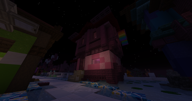 A Minecraft screenshot showing a pink house with a rainbow flag waving on the side of it. This house is in other place from the club found in previous screenshots but I've decided to make a screenshot of it anyways because its gay.