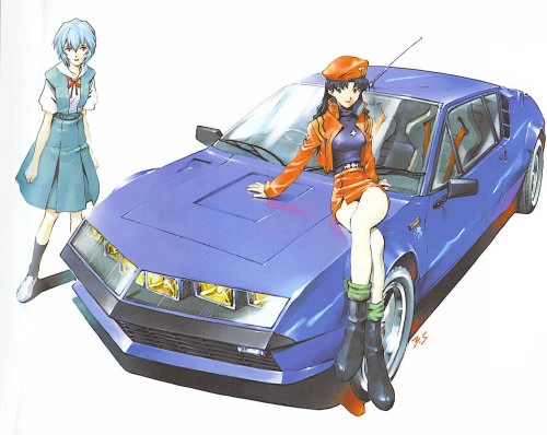https://wiki.evageeks.org/File:Sadamoto_misato_rei_and_alpine_a310.jpg

Misatos blue A310 sports car, with her sitting on the hood