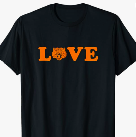 Our orange tiger mascot is shown in the word love to show tiger pride and tiger love.