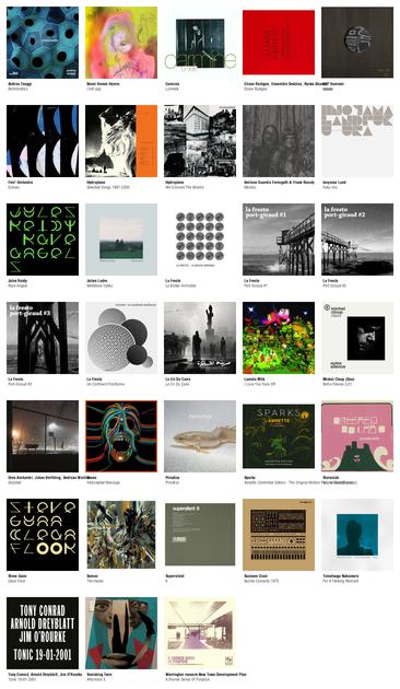Collage des pochettes des albums de Andrea Taeggi (Biomimetics), Benni Hemm Hemm (Í loft upp), Carmine (Lumielle), Eliane Radigue, Ensemble Dedalus, Ryoko Akama (Eliane Radigue), ESP Summer (天国の王国), Fire! Orchestra (Echoes), Hydroplane (Selected Songs 1997-2003), Hydroplane (We Crossed The Atlantic), Ibelisse Guardia Ferragutti & Frank Rosaly (Mestizx), Inoyama Land (Fuku-Ura), Jules Reidy (Rave Angels), Julien Ledru (Mellotone Valley), La Fresto (Le Bolide Immobile), La Fresto (Port-Giraud #1), La Fresto (Port-Giraud #2), La Fresto (Port-Giraud #3), La Fresto (Un Continent Posthume), Le Cri Du Caire (Le Cri Du Caire), Lucrate Milk (I Love You Fuck Off), Michel Cloup (Duo) (Notre Silence [LP]), Oren Ambarchi, Johan Berthling, Andreas Werliin (Ghosted), Osees (Intercepted Message), Princ€ss (Princ€ss), Sparks (Annette (Unlimited Edition - The Original Motion Picture Soundtrack)), Stereolab (Sound-Dust [Canada]), Steve Gunn (Clean Floor), Sumac (The Healer), Supersilent (6), Suzanne Ciani (Buchla Concerts 1975), Tomotsugu Nakamura (For A Fleeting Moment), Tony Conrad, Arnold Dreyblatt, Jim O'Rourke (Tonic 19-01-2001), Vanishing Twin (Afternoon X), Warrington-runcorn New Town Development Plan (A Shared Sense Of Purpose)