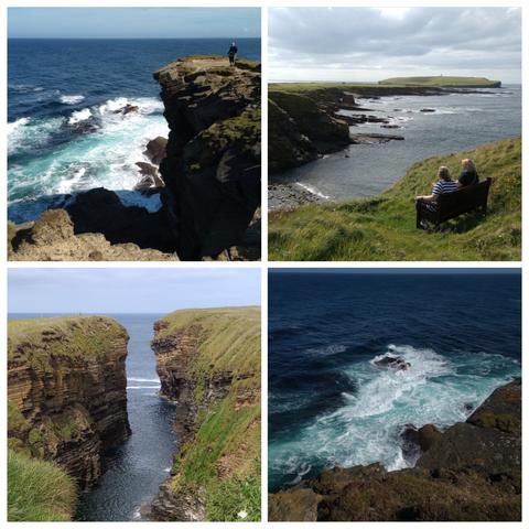 a collage of four pictures of rugged cliffs and wild seas on orkney