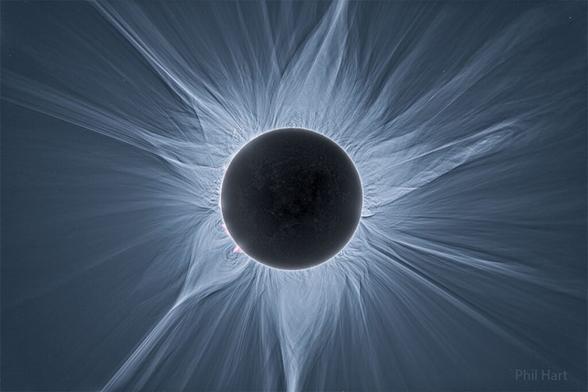 This digitally-stitched composite image of a 2023 total solar eclipse shows the bright streams of the sun's corona.