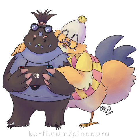 A digital illustration of Shalmons chicken characters, Gladys (on screen left) and Henri (on screen right) where Gladys is holding an egg-tendo switch looking at what Henri is pointing at on the screen while hovering behind and looking over their shoulder.