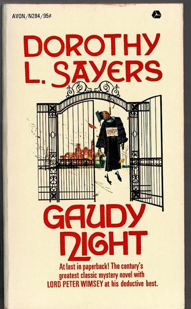 Cover for Gaudy Night by Dorothy L. Sayers: University in the background, effigy of student hanging from the gates.